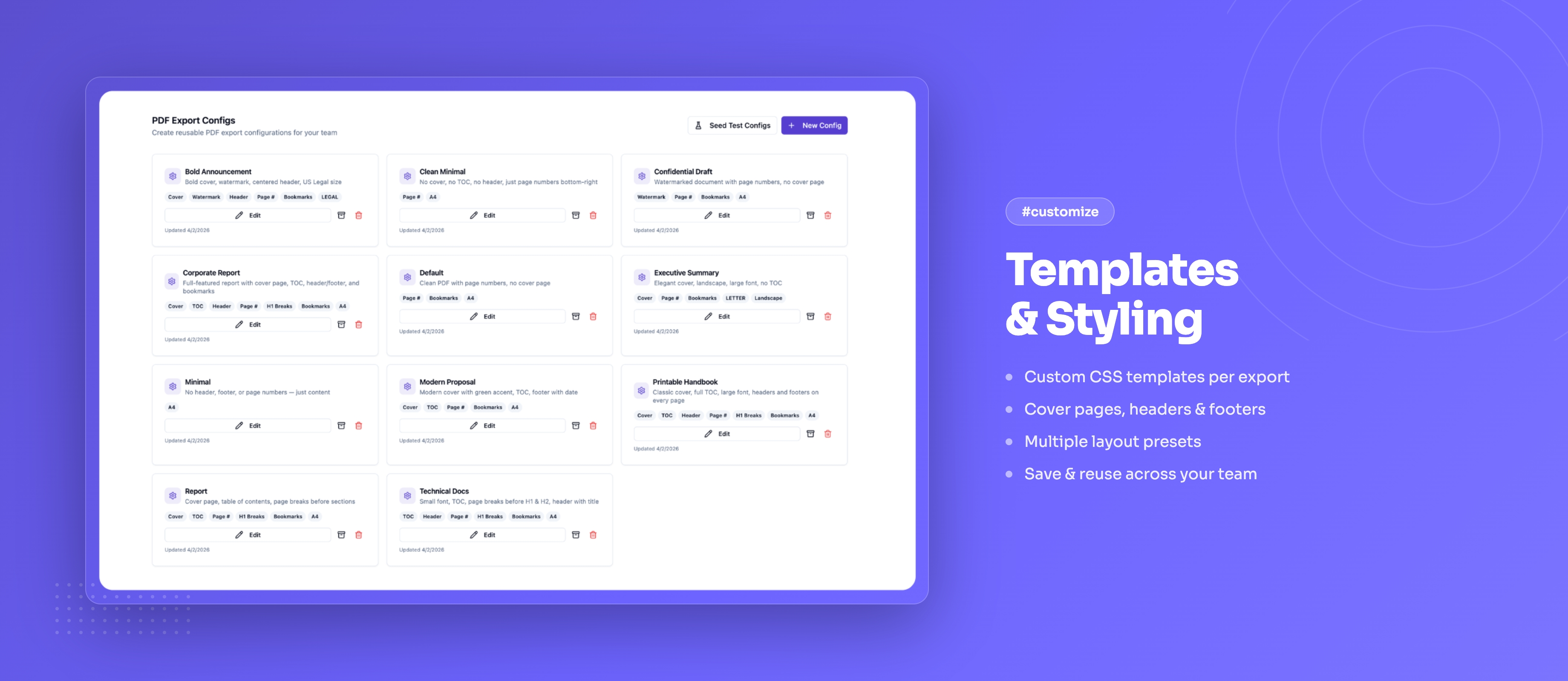 Configs and templates panel